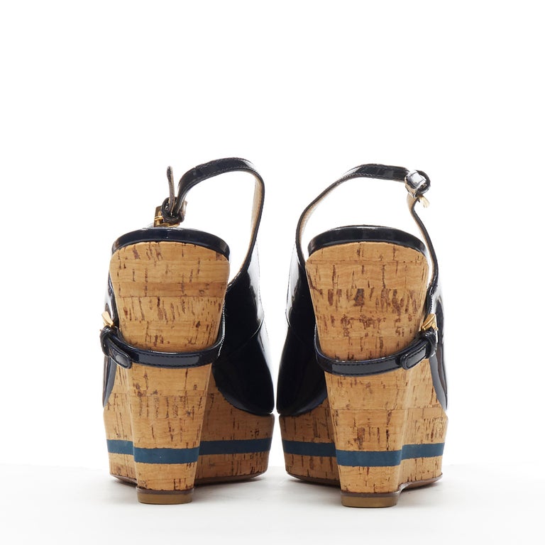 Women's PRADA navy blue patent peep toe striped cork platform slingback wedge EU35.5 For Sale