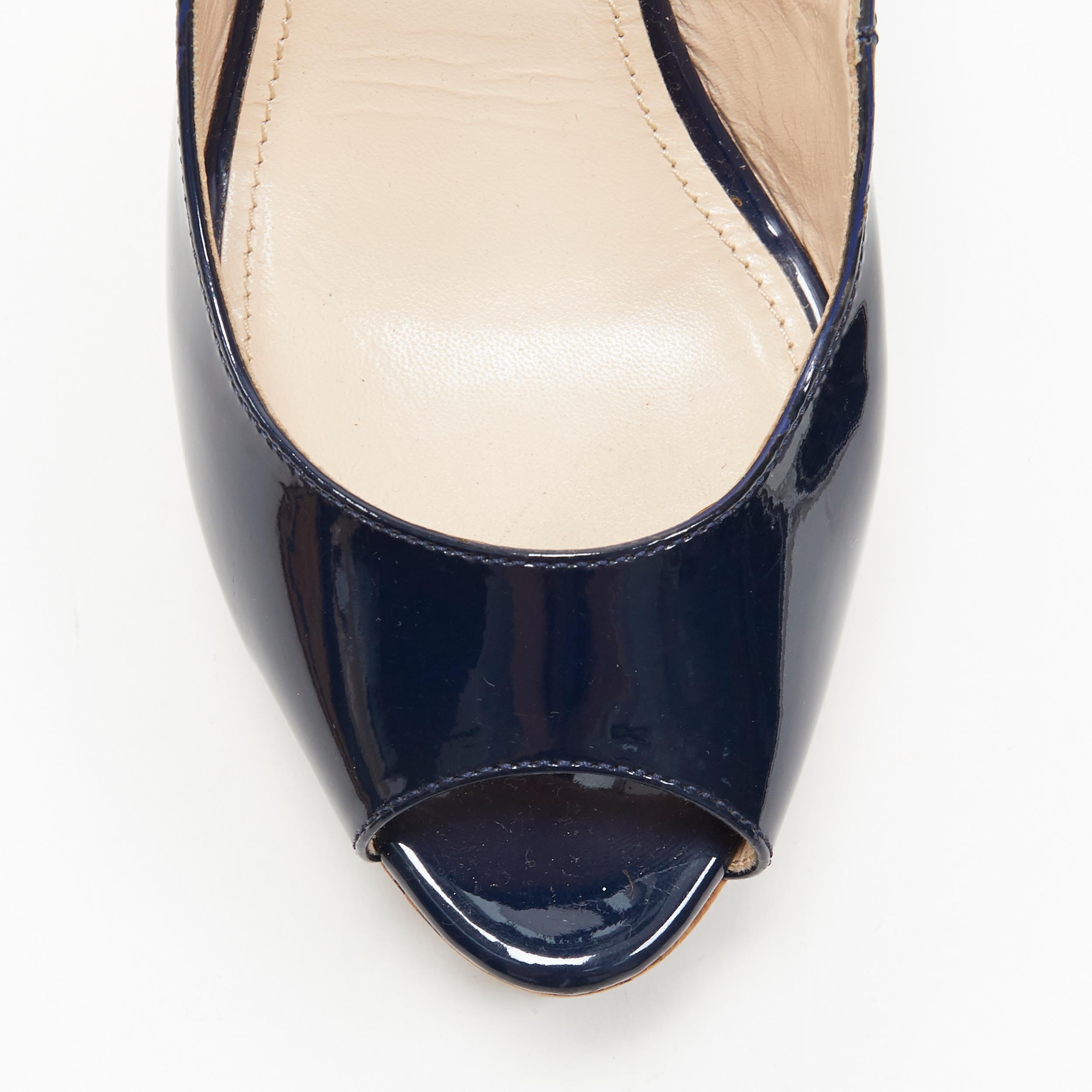 PRADA navy blue patent peep toe striped cork platform slingback wedge EU35.5 In Excellent Condition In Hong Kong, NT