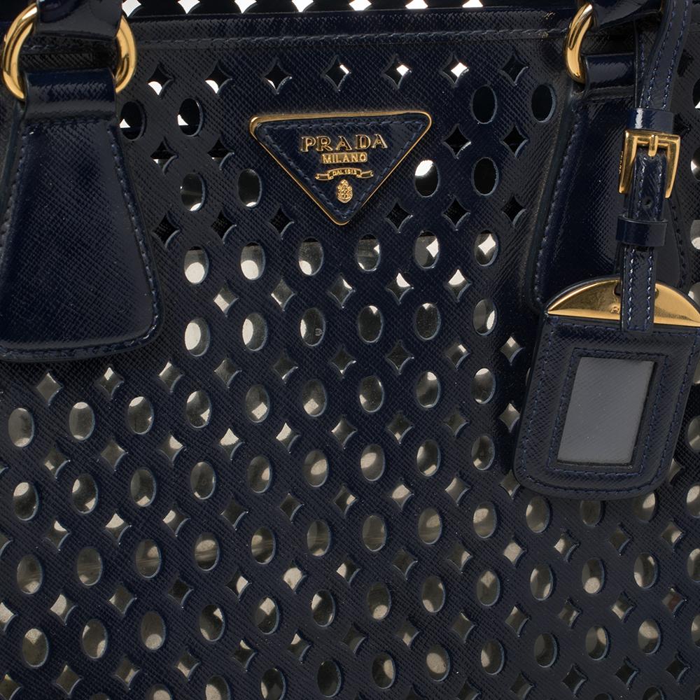 Prada Navy Blue Perforated Patent Leather Tote 5