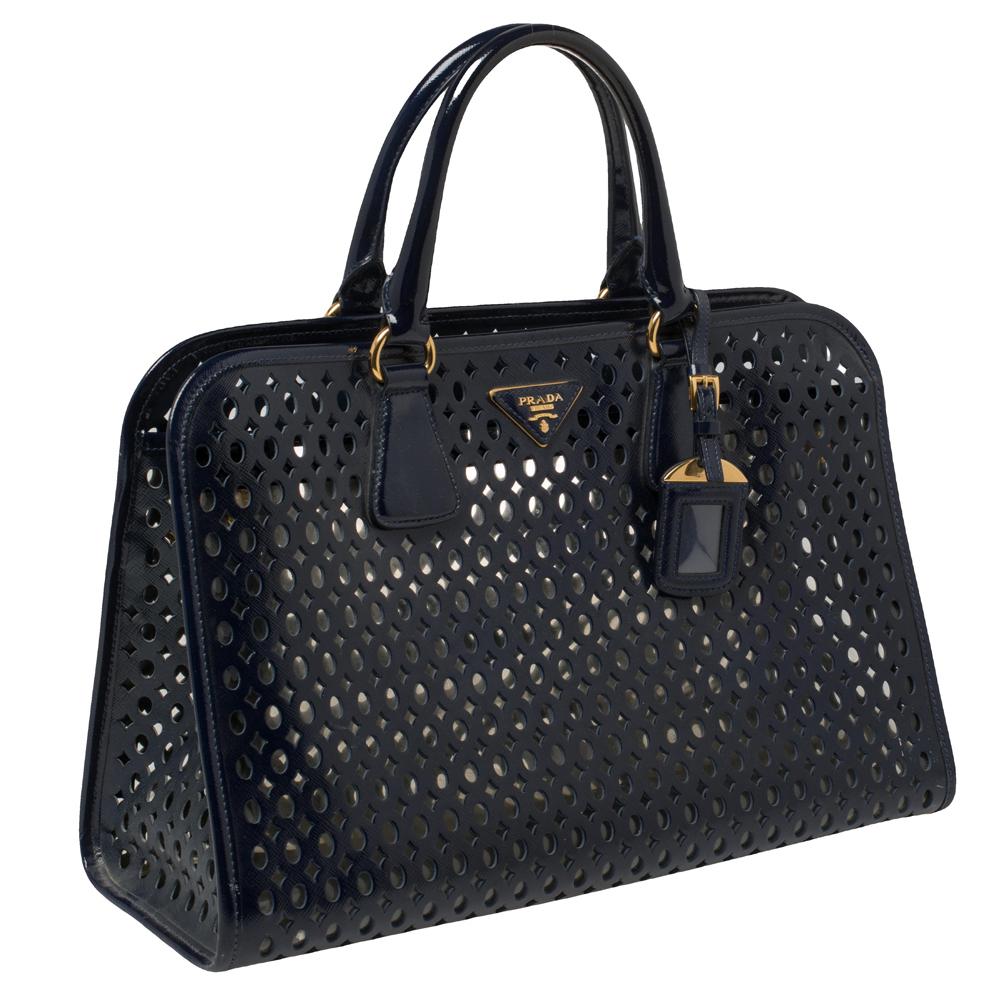 Black Prada Navy Blue Perforated Patent Leather Tote
