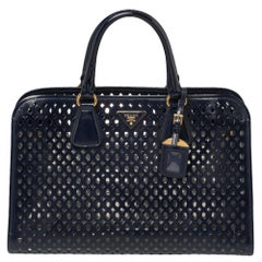 Prada Navy Blue Perforated Patent Leather Tote