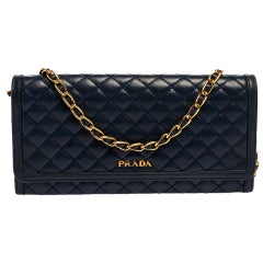 Prada Navy Blue Quilted Leather Flap Wallet on Chain