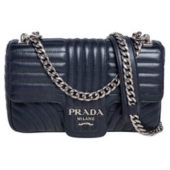 Prada Navy Blue Quilted Leather Impunture Flap Shoulder Bag