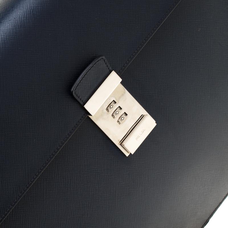 Black Prada Navy Blue Saffiano Cuir Leather Briefcase