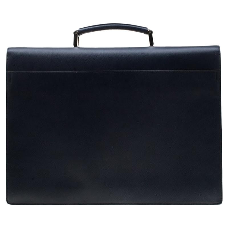 Prada Navy Blue Saffiano Cuir Leather Briefcase