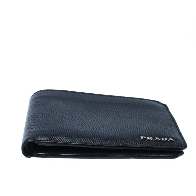 Black Prada Navy Blue Saffiano Leather Bifold Wallet