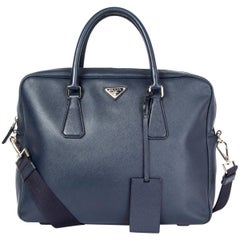 PRADA sac porte-documents en cuir Saffiano bleu marine