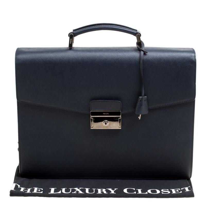 Prada Navy Blue Saffiano Leather Briefcase 6
