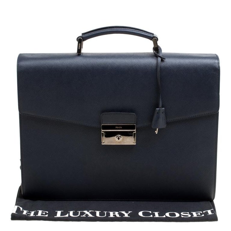Prada Navy Blue Saffiano Leather Briefcase For Sale at 1stDibs