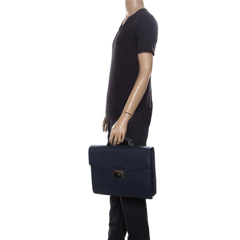 Black Prada Navy Blue Saffiano Leather Briefcase