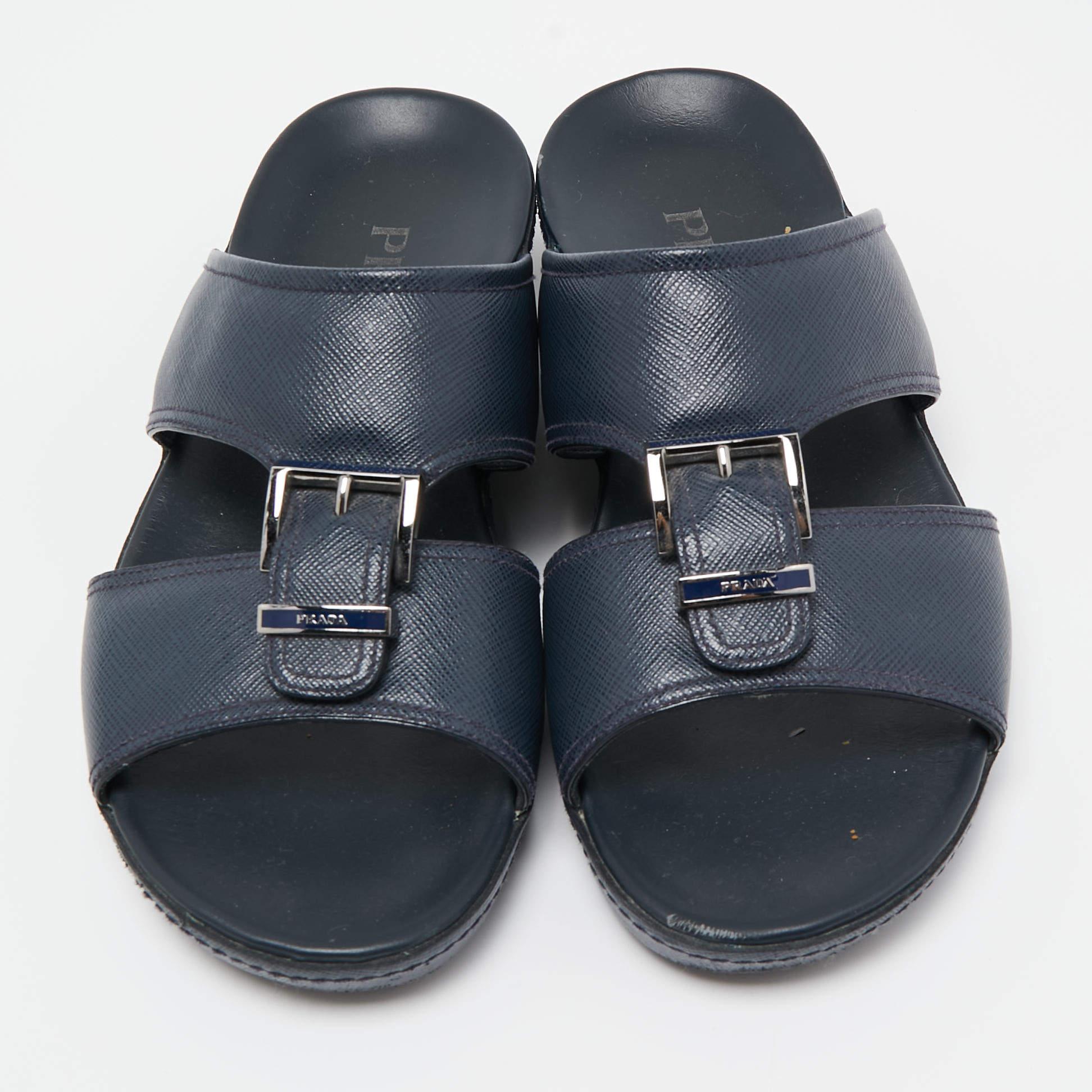 Women's Prada Navy Blue Saffiano Leather Slides Size 40