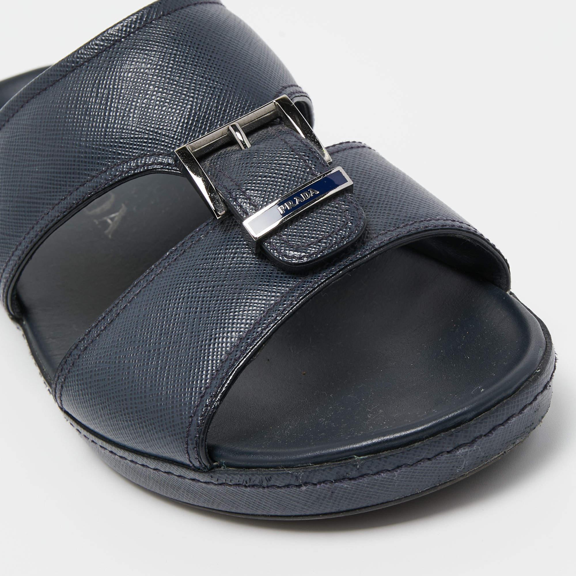 Prada Navy Blue Saffiano Leather Slides Size 40 3