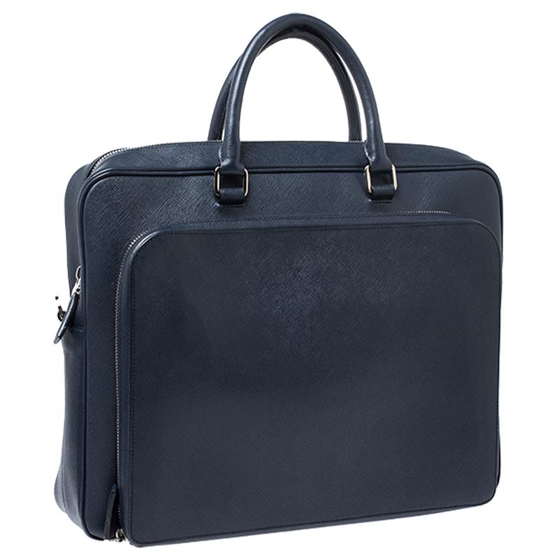 Black Prada Navy Blue Saffiano Leather Two Way Travel Briefcase