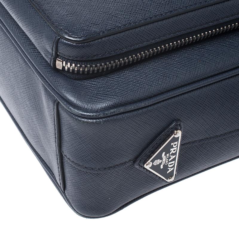 Prada Navy Blue Saffiano Leather Two Way Travel Briefcase 2