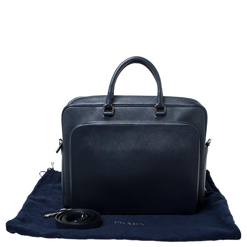 Prada Navy Blue Saffiano Leather Two Way Travel Briefcase 4