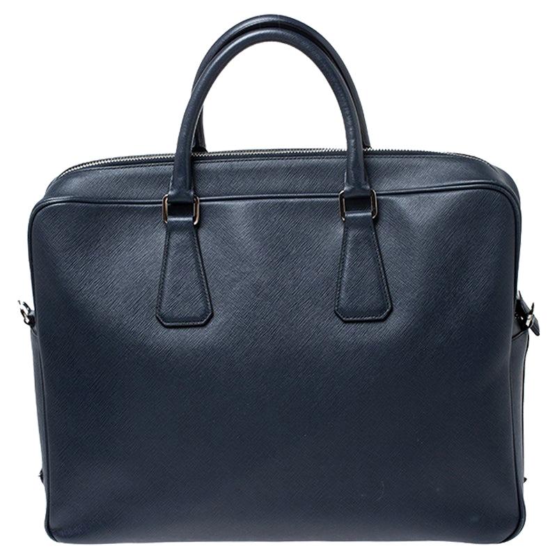 Prada Navy Blue Saffiano Leather Two Way Travel Briefcase