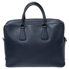 Prada Navy Blue Saffiano Leather Two Way Travel Briefcase at 1stDibs