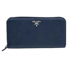 Prada Navy Blue Saffiano Leather Zip Around Wallet