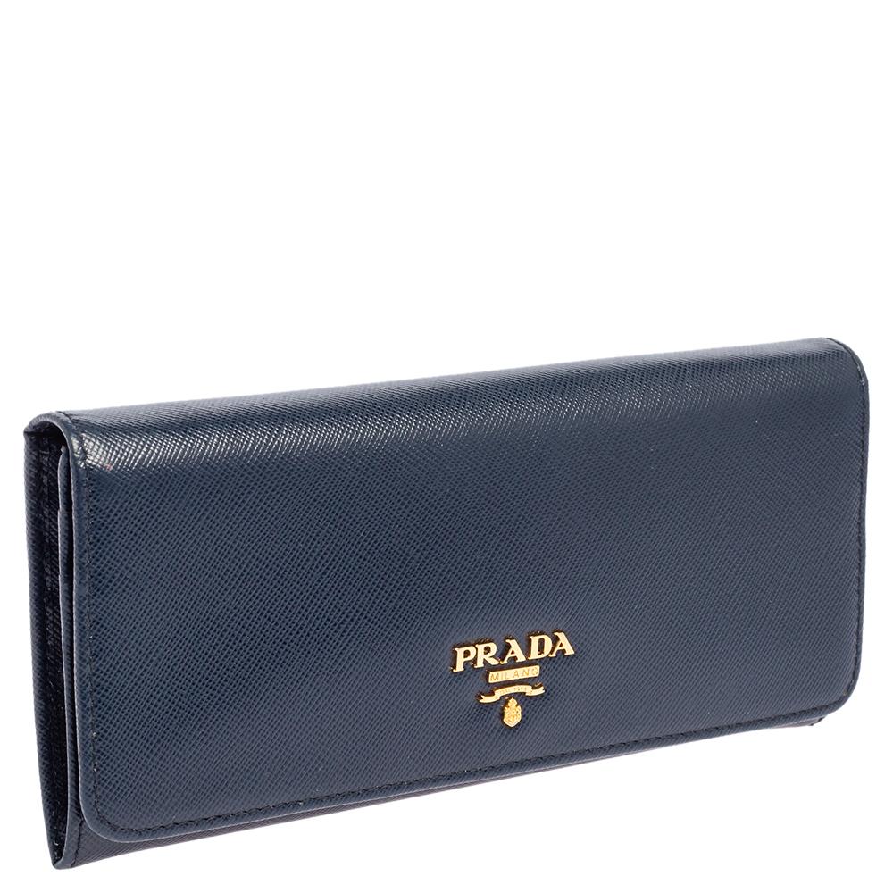 Black Prada Navy Blue Saffiano Lux Leather Flap Continental Wallet