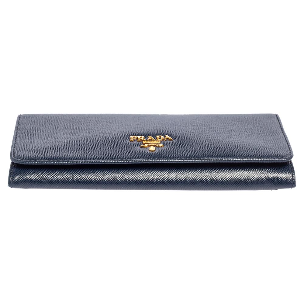 Prada Navy Blue Saffiano Lux Leather Flap Continental Wallet In Good Condition In Dubai, Al Qouz 2