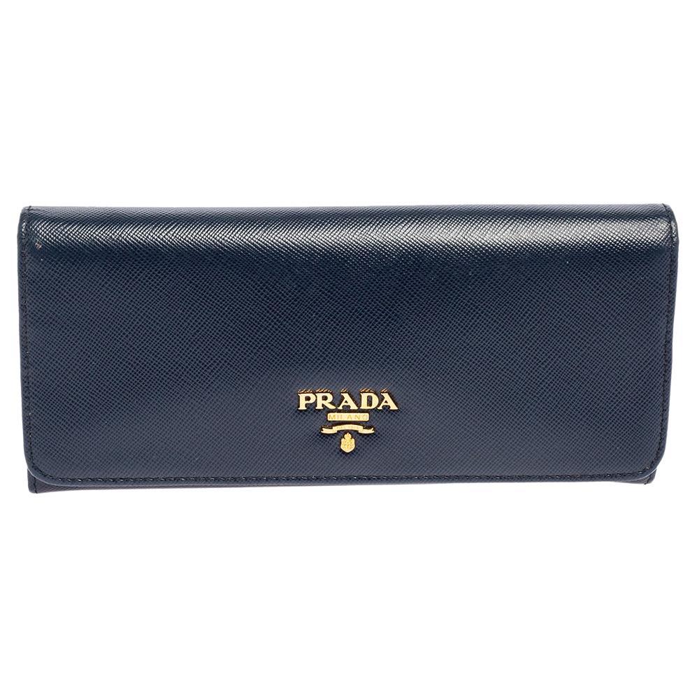 Prada Blue Saffiano Triang Leather Continental Wallet For Sale at 1stDibs