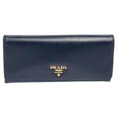 Prada Navy Blue Saffiano Lux Leather Flap Continental Wallet