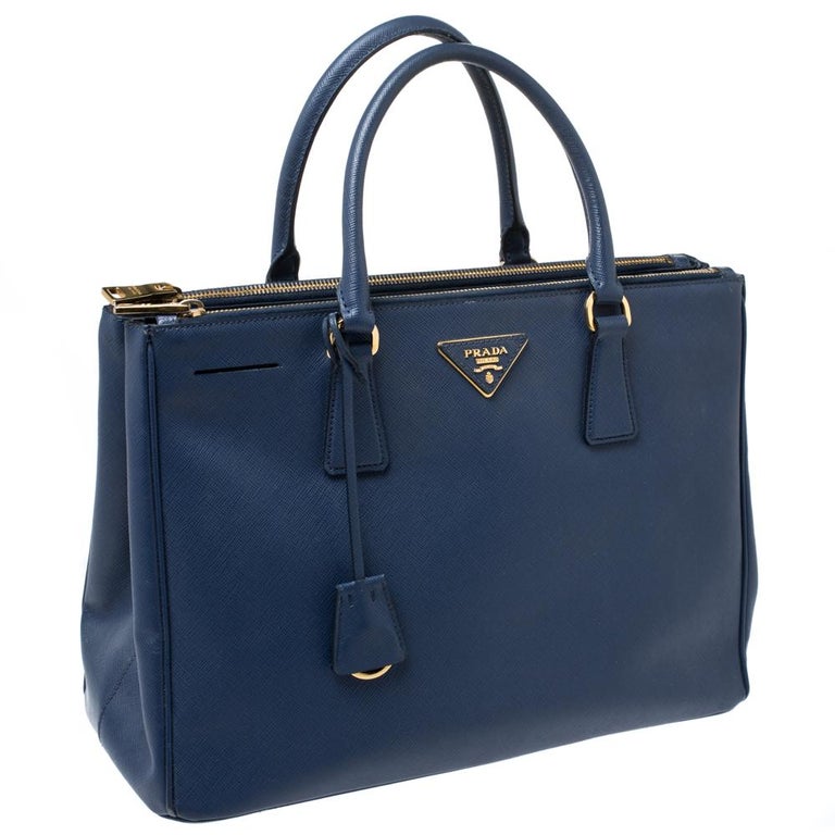 Prada Navy Blue Saffiano Lux Leather Medium Double Zip Tote For Sale at