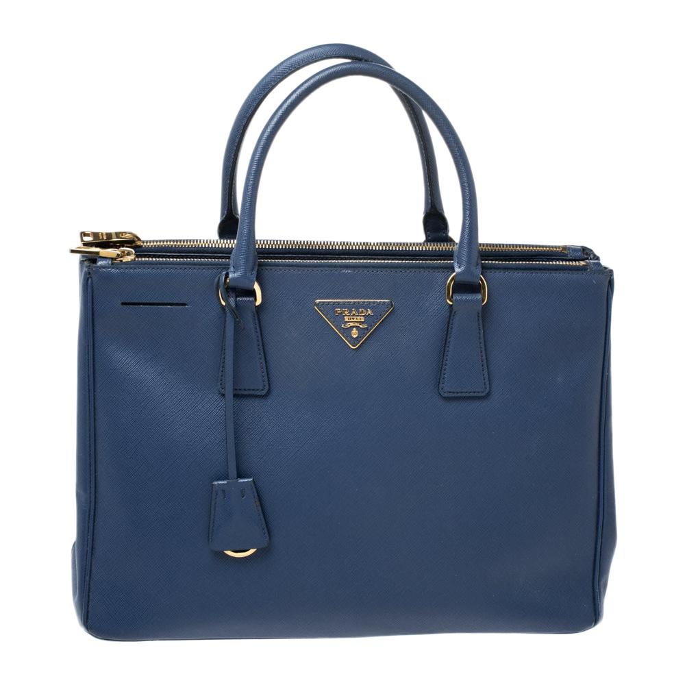 Prada Navy Blue Saffiano Lux Leather Medium Double Zip Tote For Sale at ...