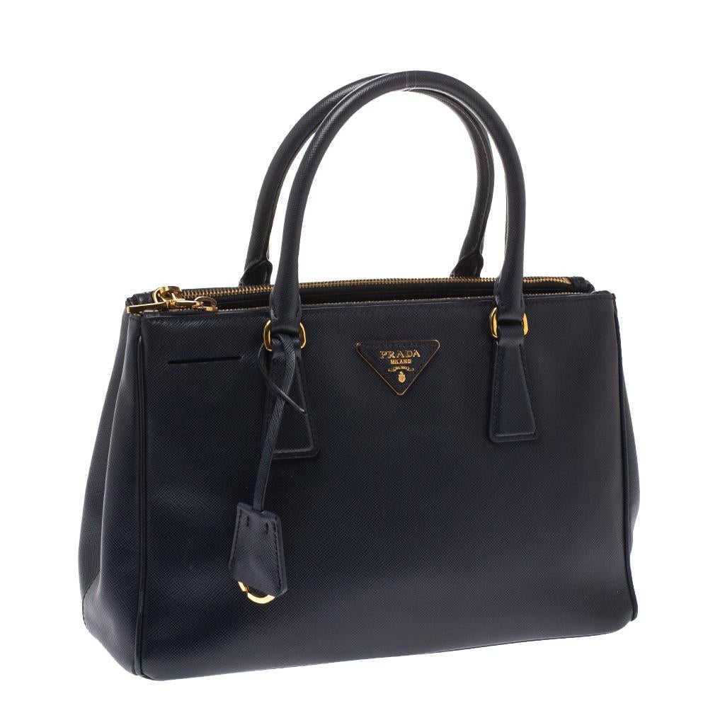 Black Prada Navy Blue Saffiano Lux Leather Small Double Zip Tote