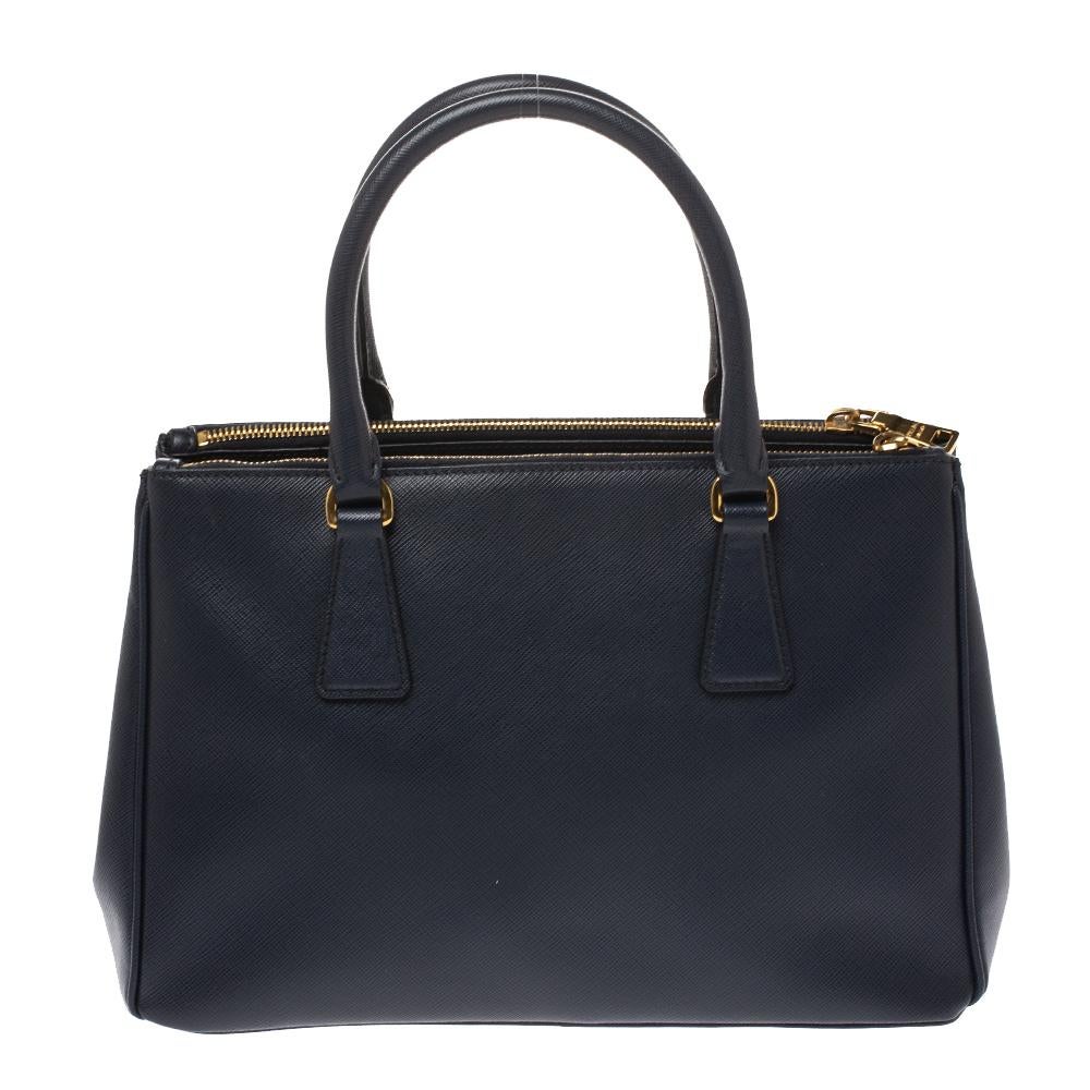 Prada Navy Blue Saffiano Lux Leather Small Double Zip Tote 4