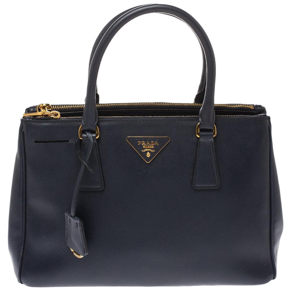 Prada Navy Blue Saffiano Lux Leather Small Double Zip Tote
