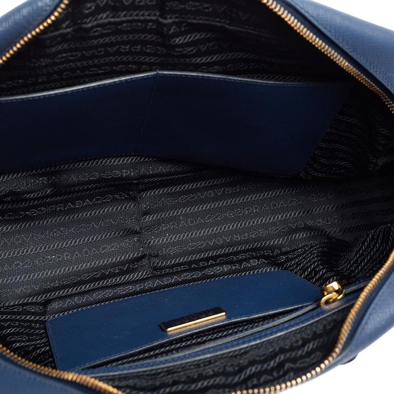 Prada Navy Blue Saffiano Lux Leather Zip Bauletto Bag at 1stDibs
