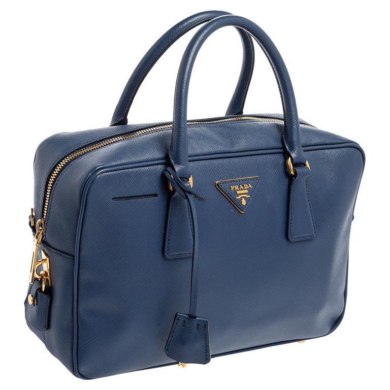 Prada Navy Blue Saffiano Lux Leather Zip Bauletto Bag at 1stDibs