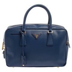 Prada Navy Blue Saffiano Lux Leather Zip Bauletto Bag