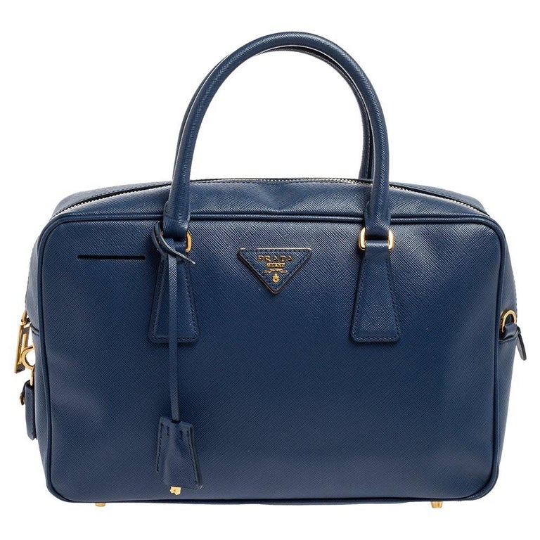 Prada Navy Blue Saffiano Lux Leather Zip Bauletto Bag at 1stDibs | prada  dark blue bag