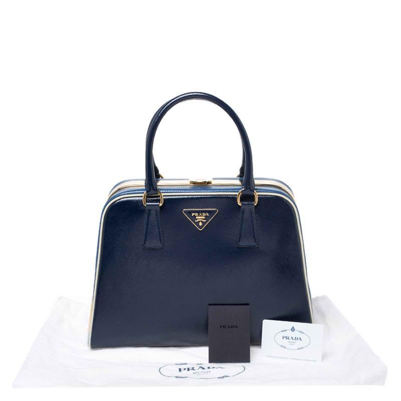 Prada Navy Blue Saffiano Lux Patent Leather Frame Top Handle Bag 7