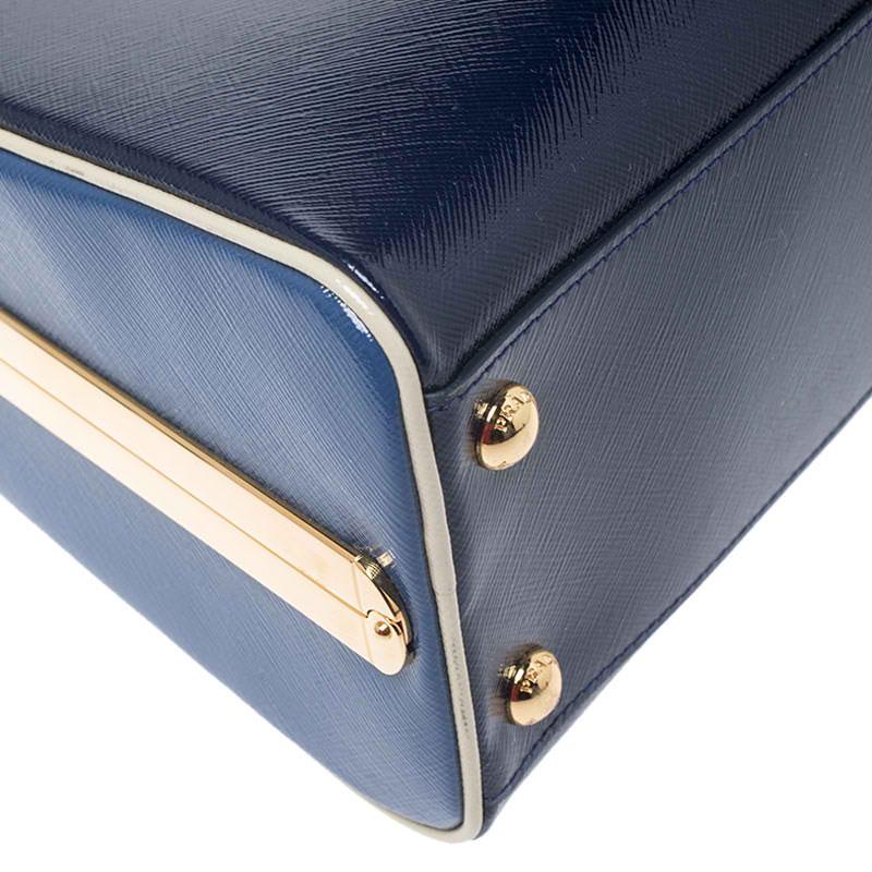 Women's Prada Navy Blue Saffiano Lux Patent Leather Frame Top Handle Bag