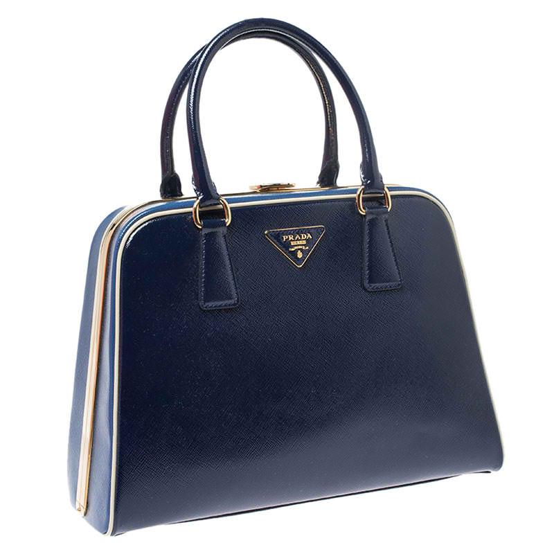 Prada Navy Blue Saffiano Lux Patent Leather Frame Top Handle Bag 3