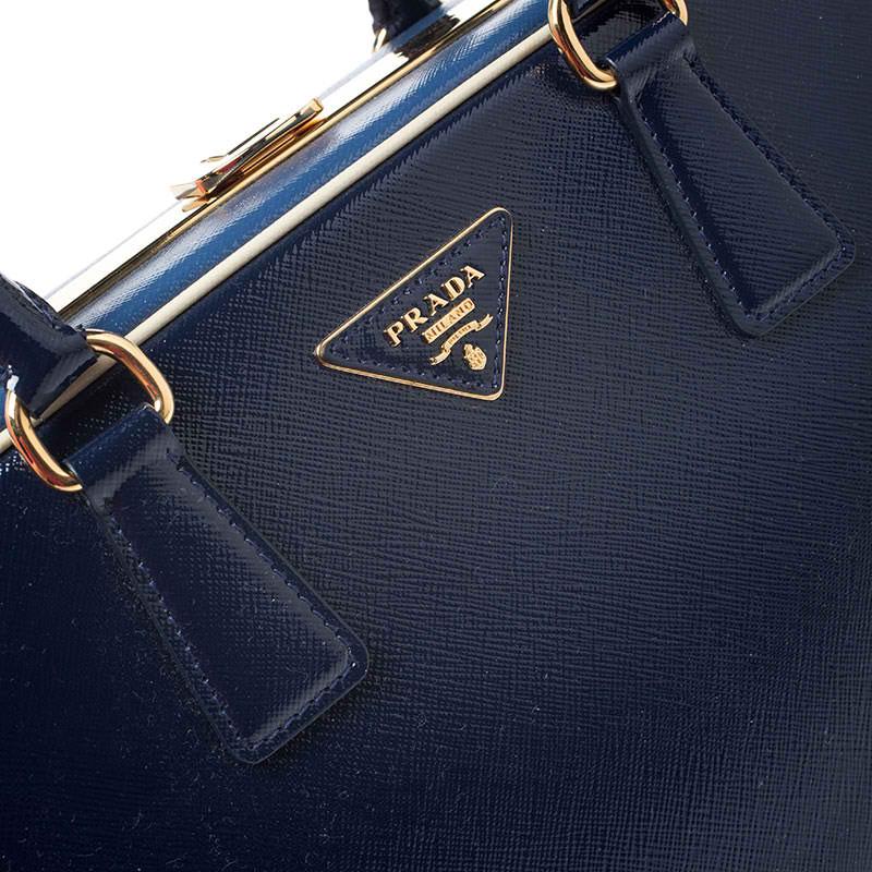 Prada Navy Blue Saffiano Lux Patent Leather Frame Top Handle Bag 4