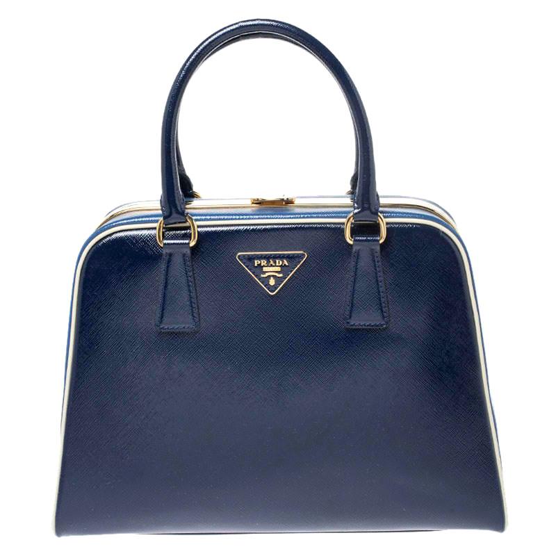 Prada Navy Blue Saffiano Lux Patent Leather Frame Top Handle Bag