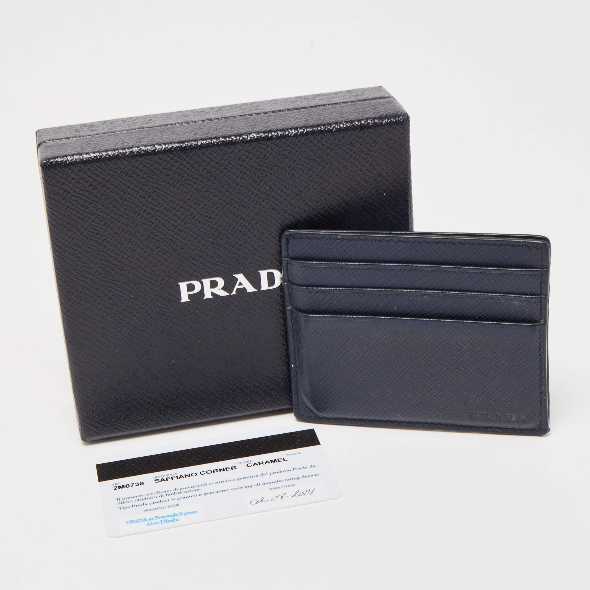 Prada Navy Blue Saffiano Metal Leather Card Holder For Sale 7