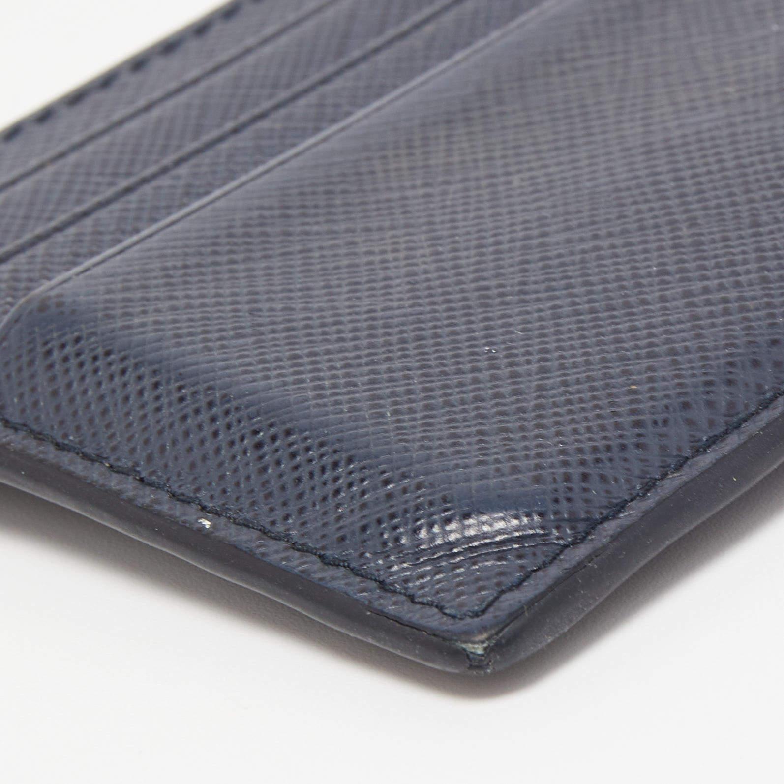 Prada Navy Blue Saffiano Metal Leather Card Holder For Sale 1