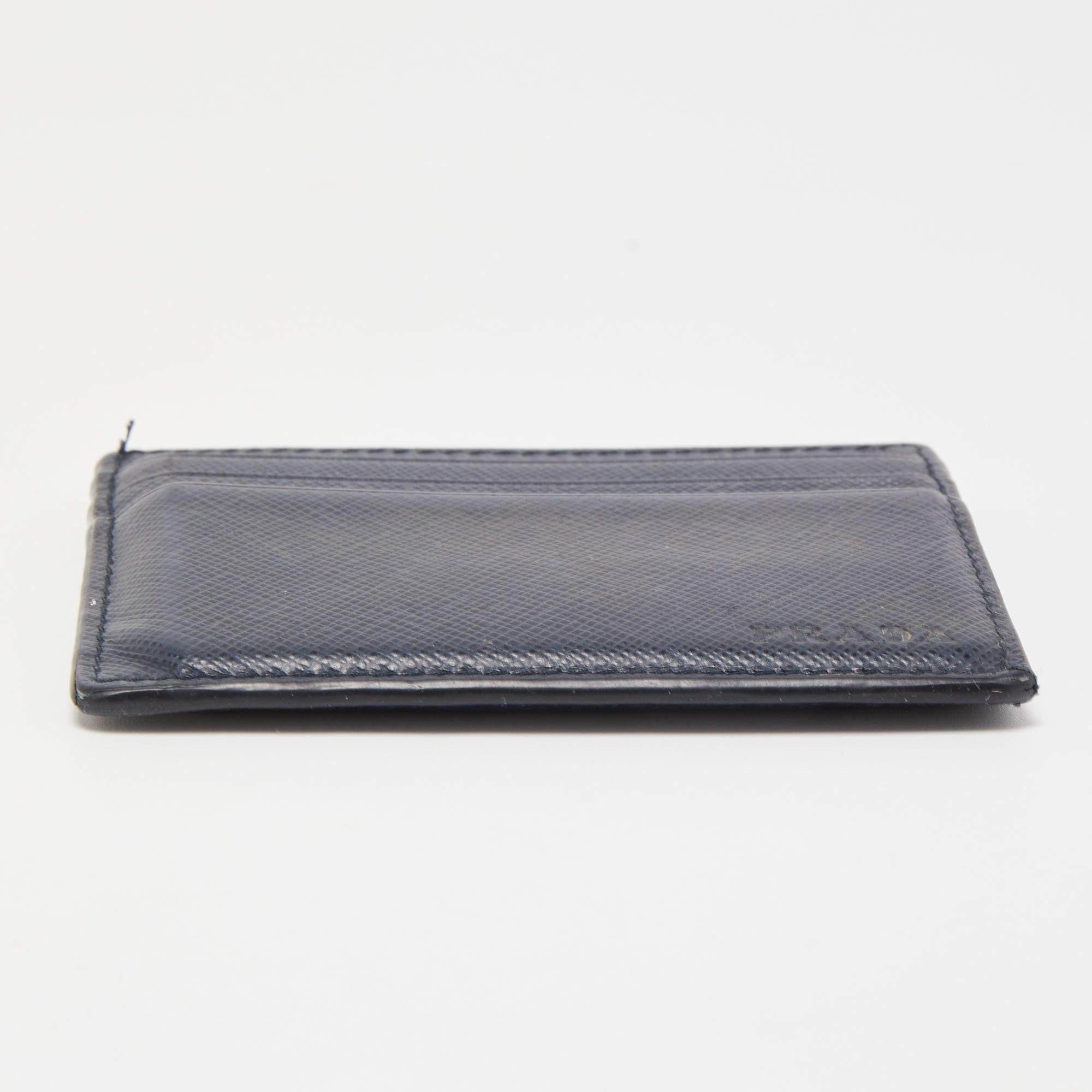 Prada Navy Blue Saffiano Metal Leather Card Holder For Sale 2