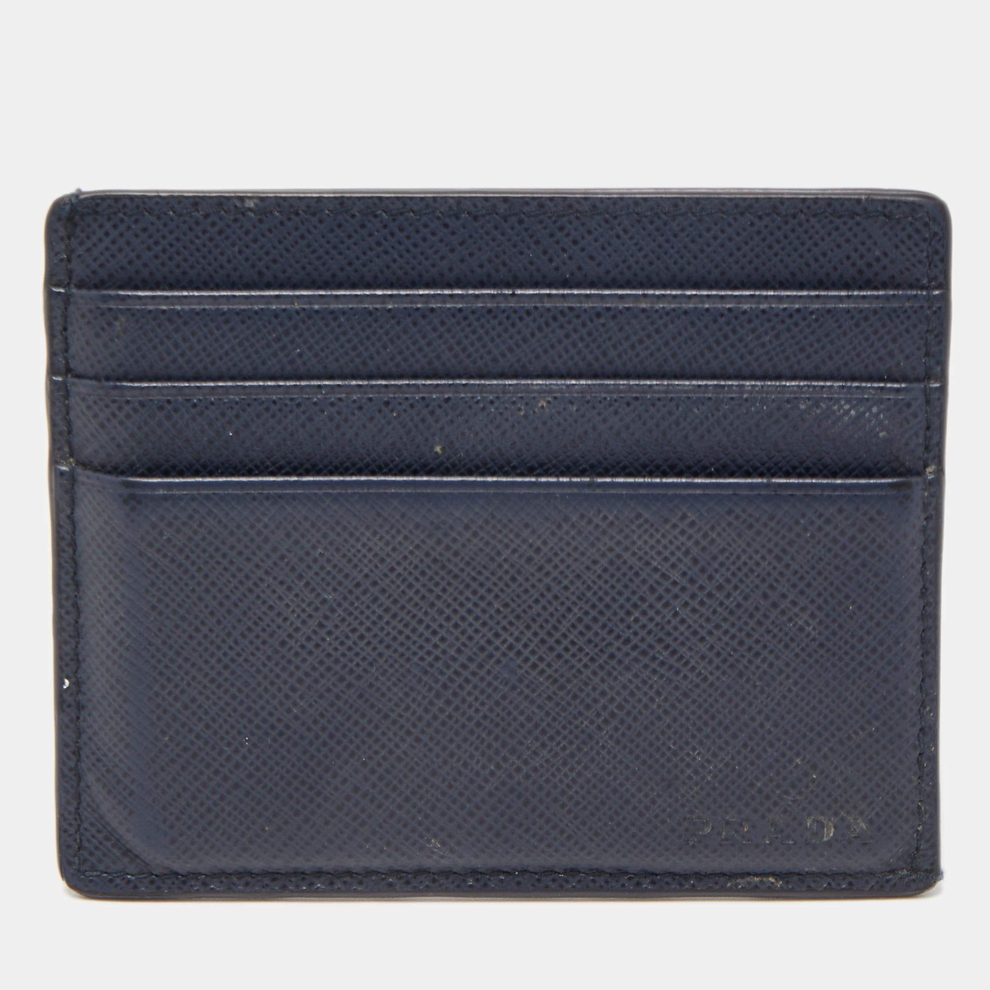 Prada Navy Blue Saffiano Metal Leather Card Holder For Sale 5