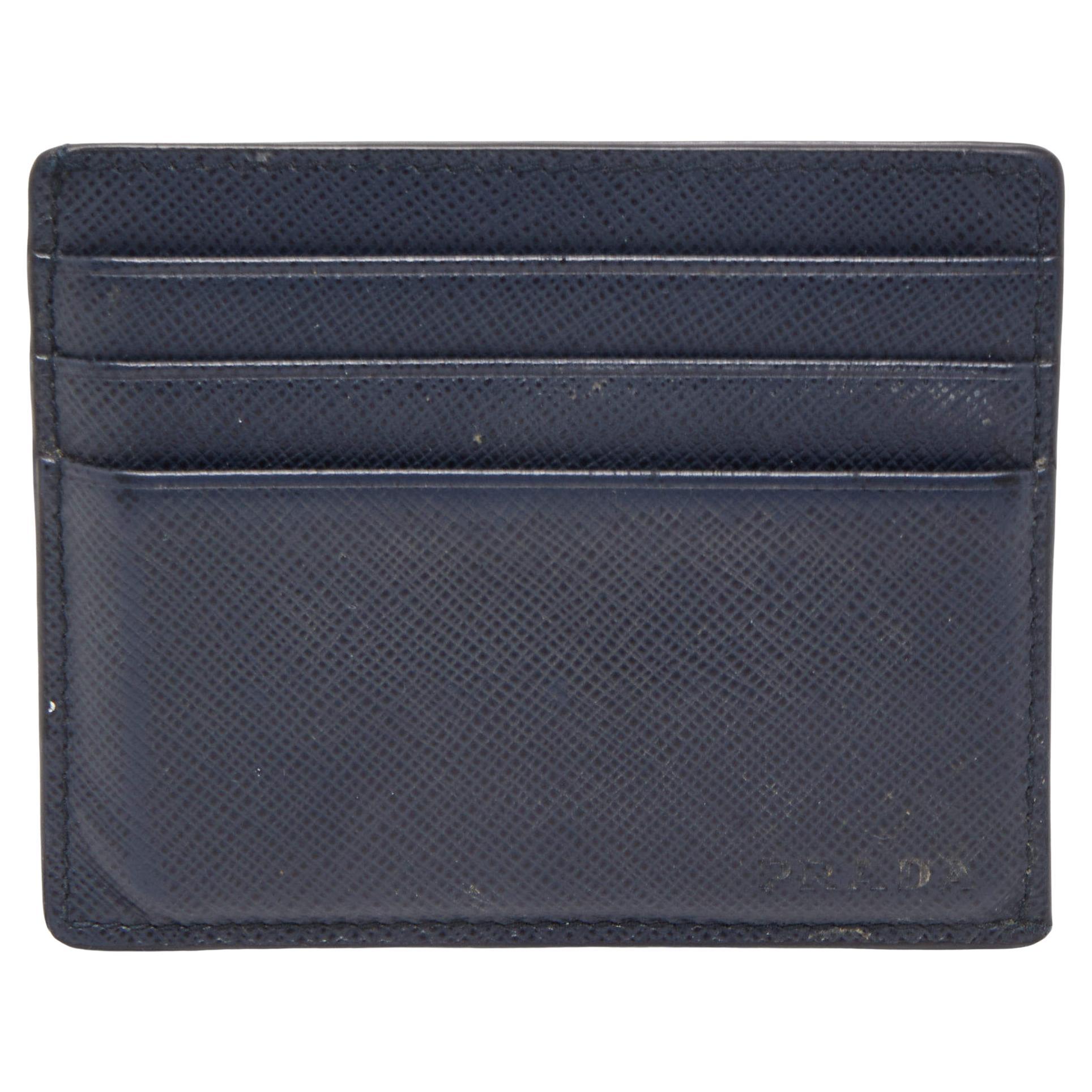Prada Navy Blue Saffiano Metal Leather Card Holder For Sale