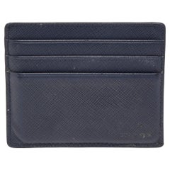 Used Prada Navy Blue Saffiano Metal Leather Card Holder