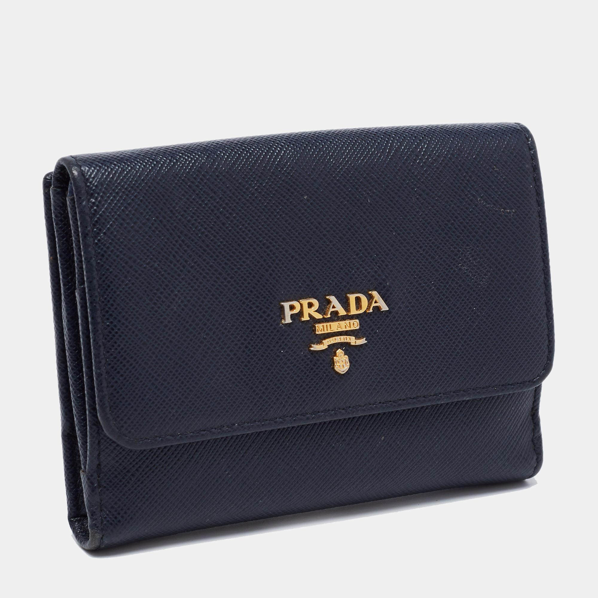 Black Prada Navy Blue Saffiano Metal Leather French Compact Wallet
