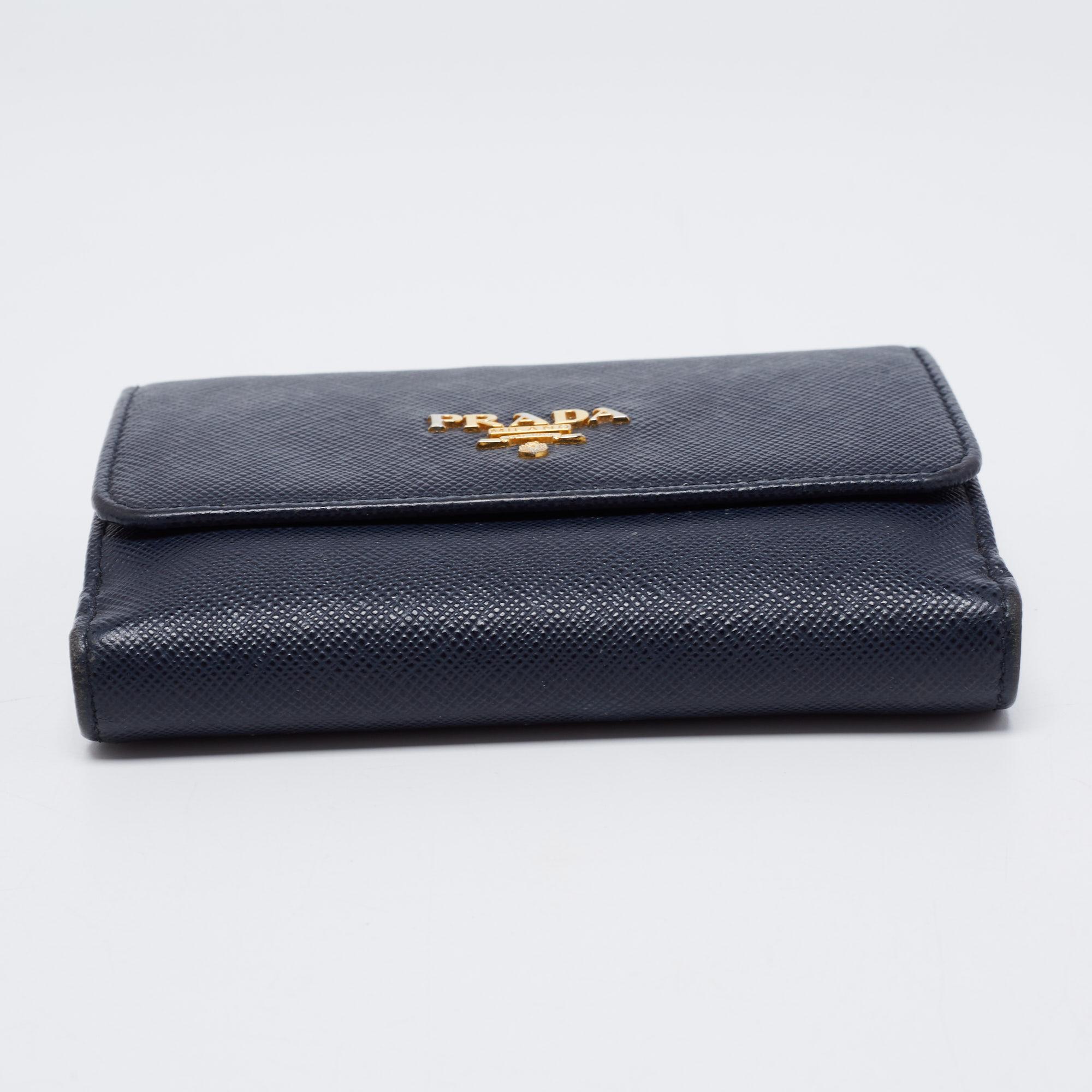 Prada Navy Blue Saffiano Metal Leather French Compact Wallet In Good Condition In Dubai, Al Qouz 2