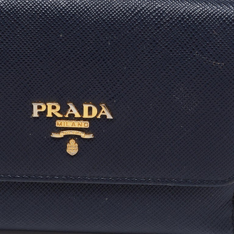 Prada Navy Blue Saffiano Metal Leather French Compact Wallet For Sale at  1stDibs