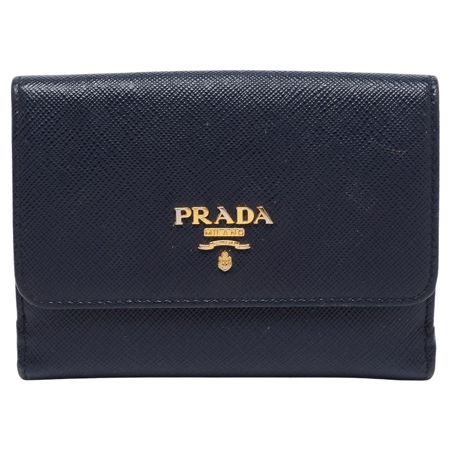 Prada Navy Blue Saffiano Metal Leather French Compact Wallet
